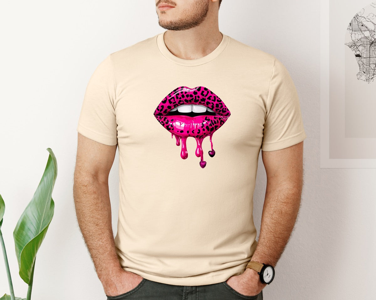 brand:Bella Canvas|color:Soft Cream|Pink Lips With A Leopard Print Valentine Graphic T-Shirt