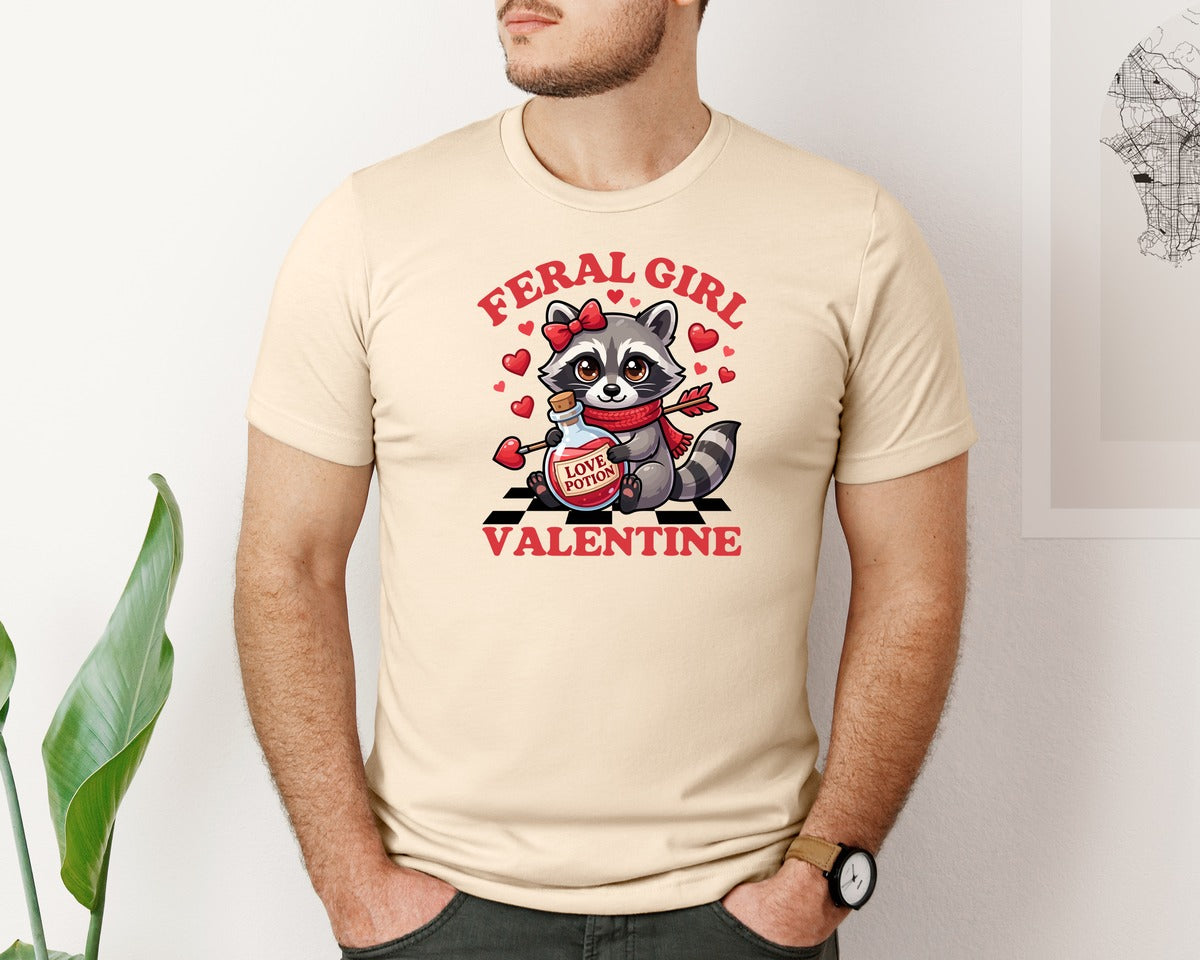 brand:Bella Canvas|color:Soft Cream|Funny Feral Girl Raccoon Valentine Graphic T-Shirt