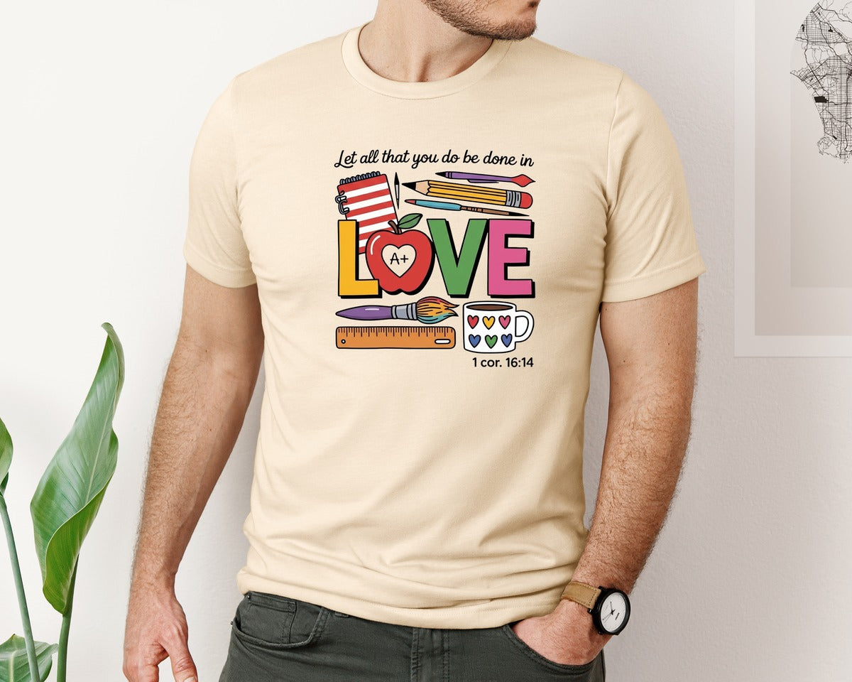 brand:Bella Canvas|color:Soft Cream|Teacher Love Christian Teacher Graphic T-Shirt