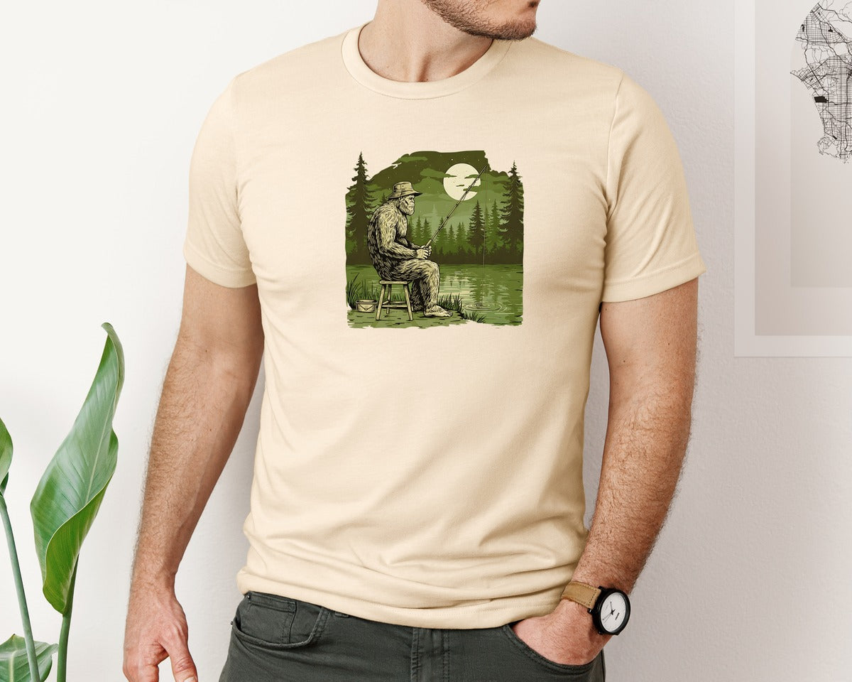 brand:Bella Canvas|color:Soft Cream|Vintage Outdoor Nature Bigfoot Fishing Graphic T-Shirt