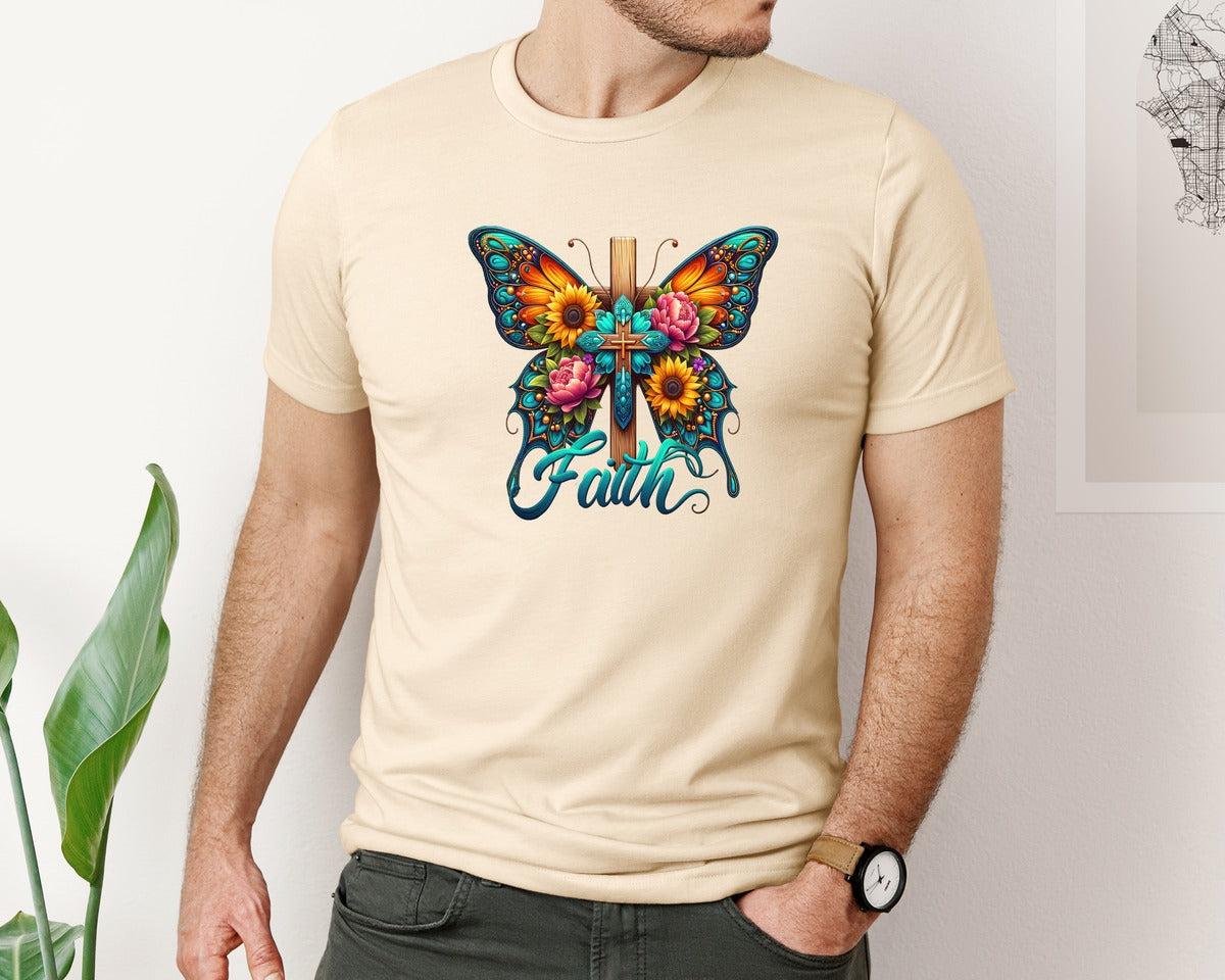 brand:Bella Canvas|color:Soft Cream|Faith Butterfly Cross Colorful Graphic T-Shirt