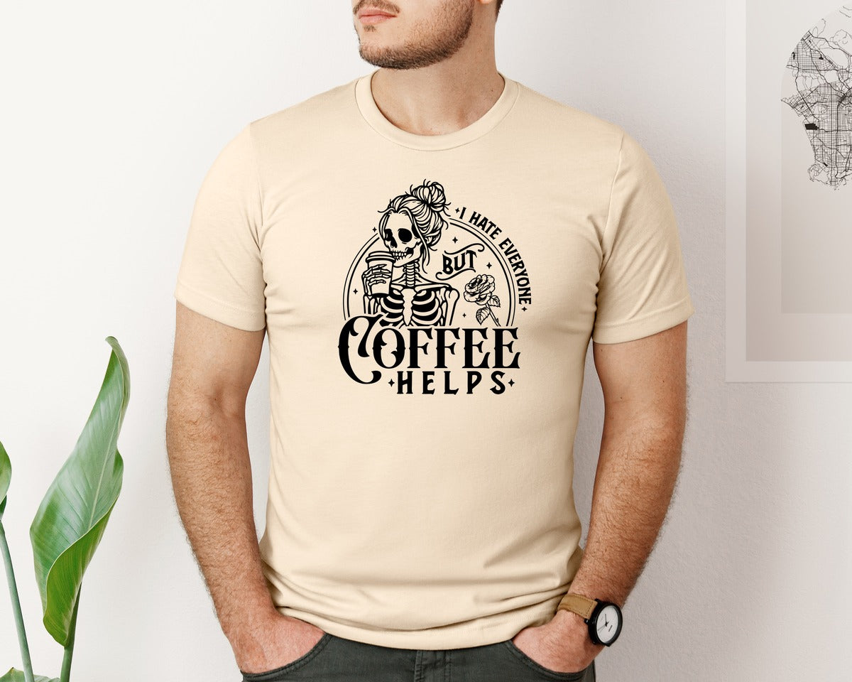 brand:Bella Canvas|color:Soft Cream|Skeleton Coffee Sarcastic Coffee Lover Graphic T-Shirt