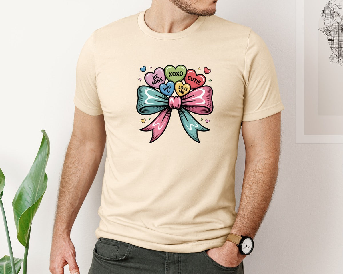 brand:Bella Canvas|color:Soft Cream|Cute Valentine Candy Hearts Bow Graphic T-Shirt