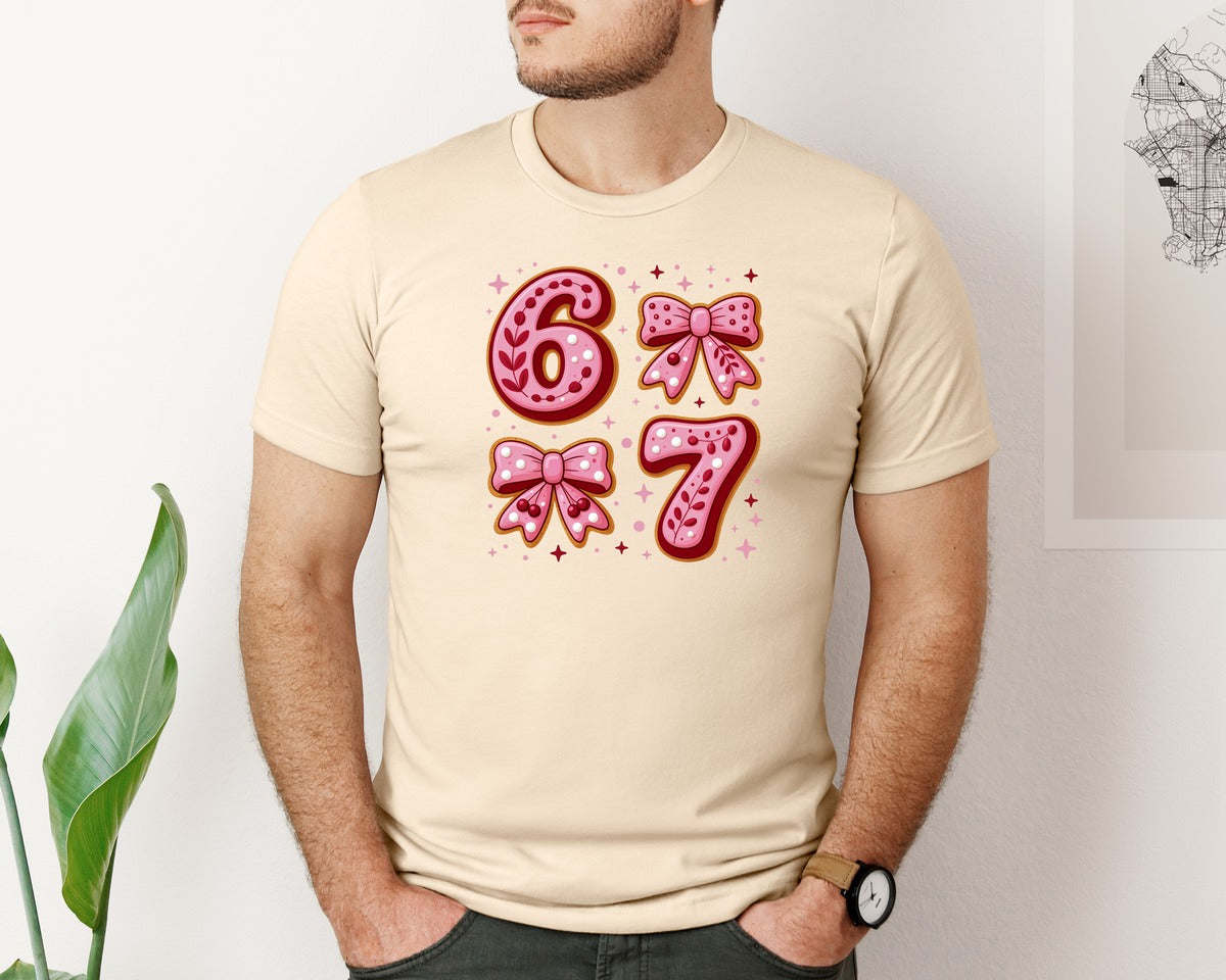 brand:Bella Canvas|color:Soft Cream|Valentine 67 Pink Bow Love Numbers Graphic T-Shirt