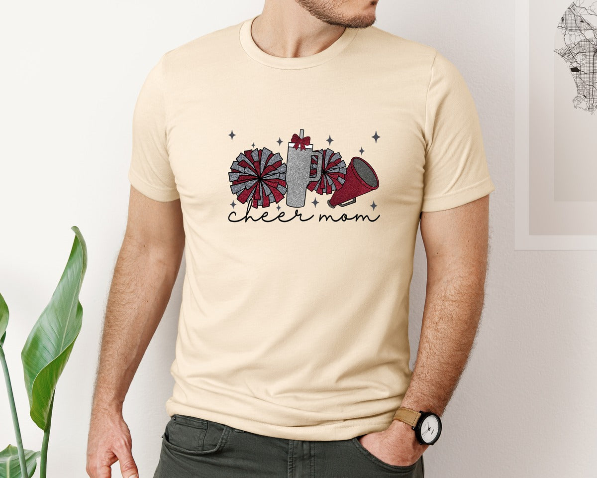 brand:Bella Canvas|color:Soft Cream|Cheer Mom Glitter Cheerleading Graphic T-Shirt