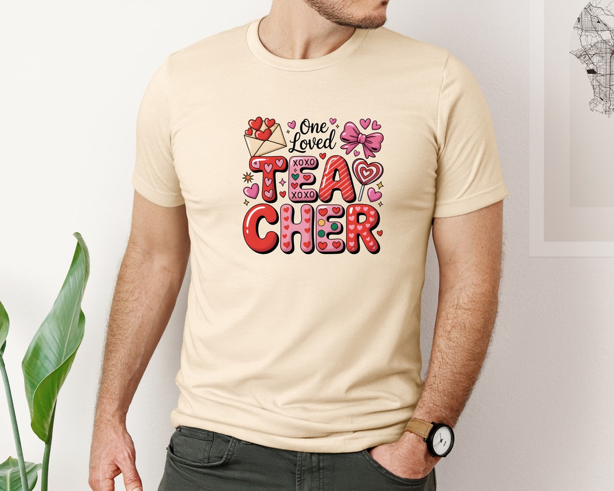 brand:Bella Canvas|color:Soft Cream|One Loved Teacher Valentines Day 3 Graphic T-Shirt