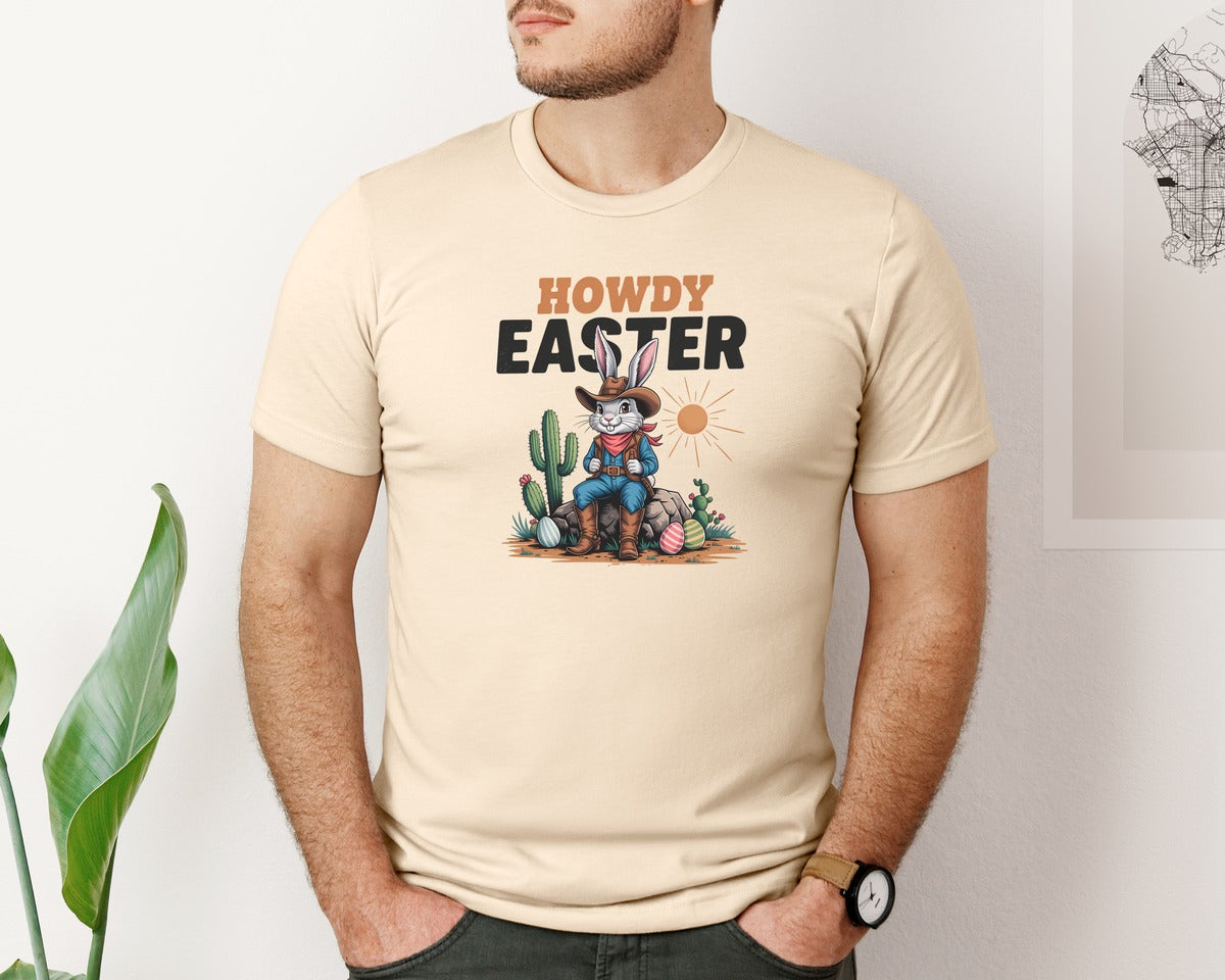 brand:Bella Canvas|color:Soft Cream|Howdy Easter Western Cowboy Bunny 2 Graphic T-Shirt