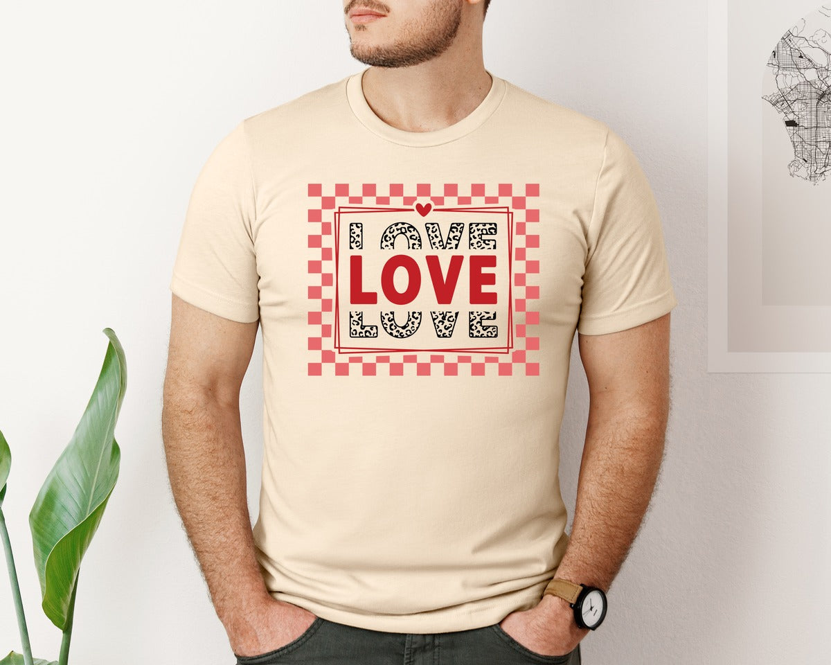 brand:Bella Canvas|color:Soft Cream|Valentine Leopard Checkered Love Graphic T-Shirt
