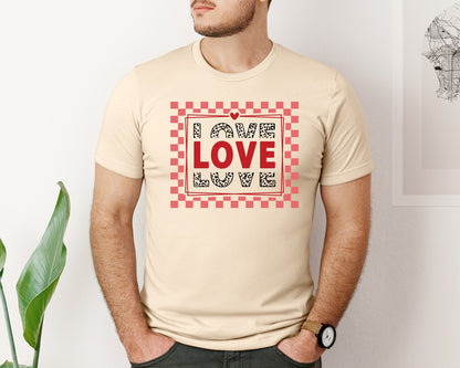 brand:Bella Canvas|color:Soft Cream|Valentine Leopard Checkered Love Graphic T-Shirt