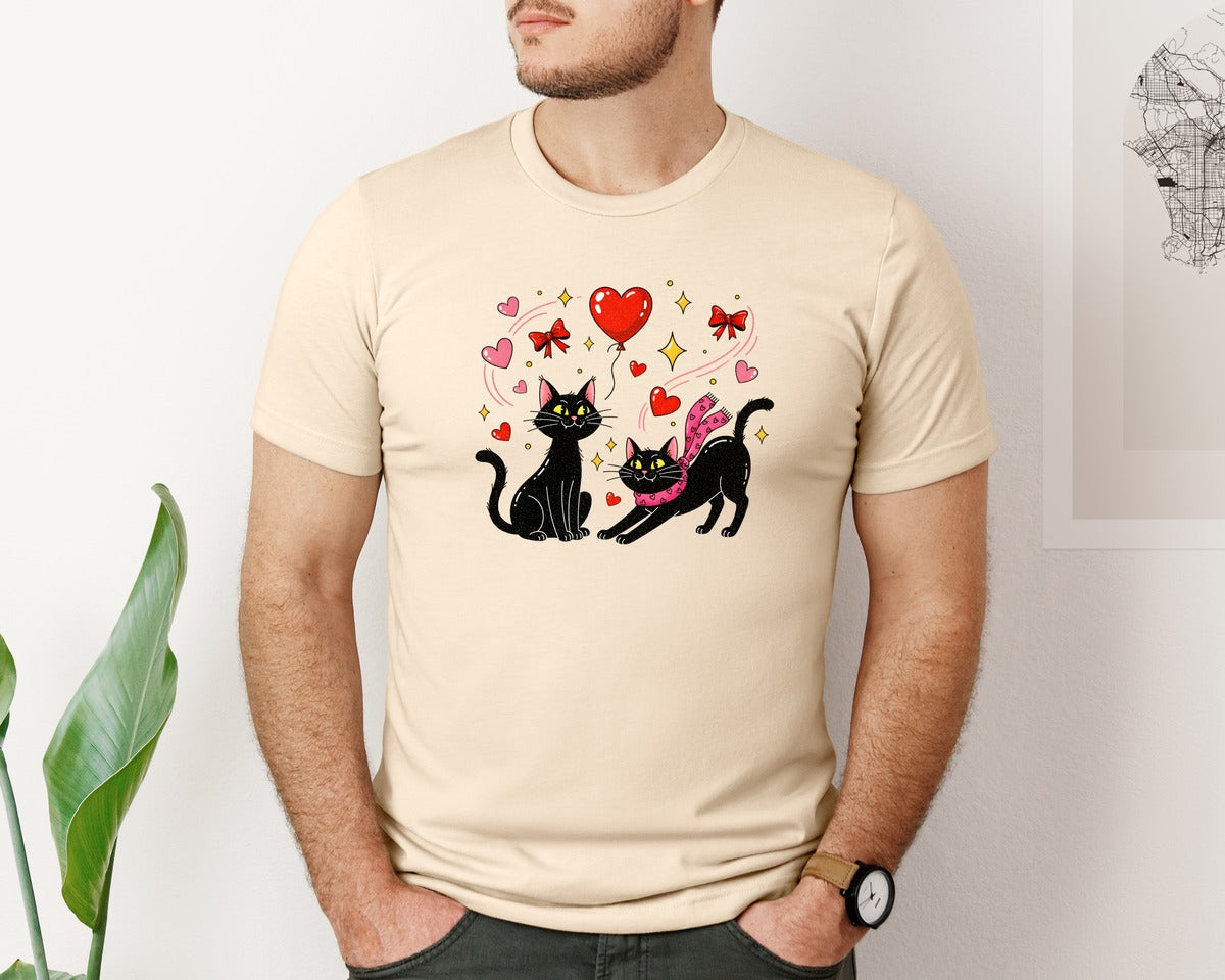 brand:Bella Canvas|color:Soft Cream|Cute Valentine Black Cat Couple Graphic T-Shirt
