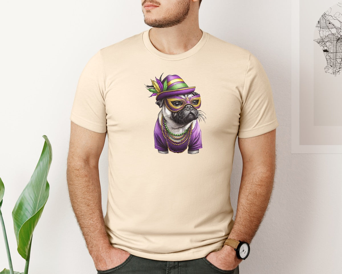 brand:Bella Canvas|color:Soft Cream|Mardi Gras Pug Dog Graphic T-Shirt