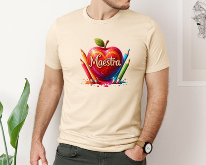 brand:Bella Canvas|color:Soft Cream|Maestra Spanish Teacher Apple Graphic T-Shirt