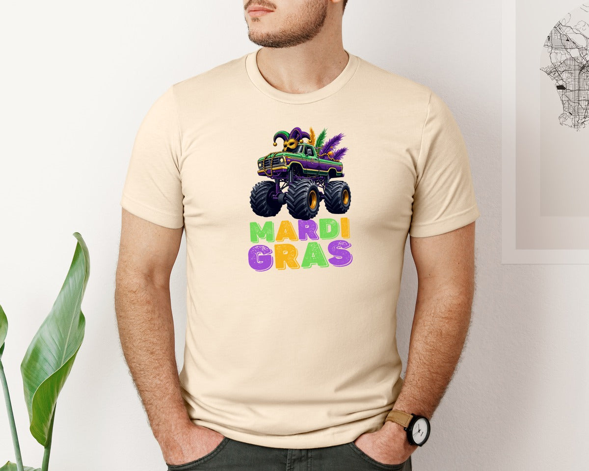 brand:Bella Canvas|color:Soft Cream|Kids Monster Truck Mardi Gras Gift Graphic T-Shirt