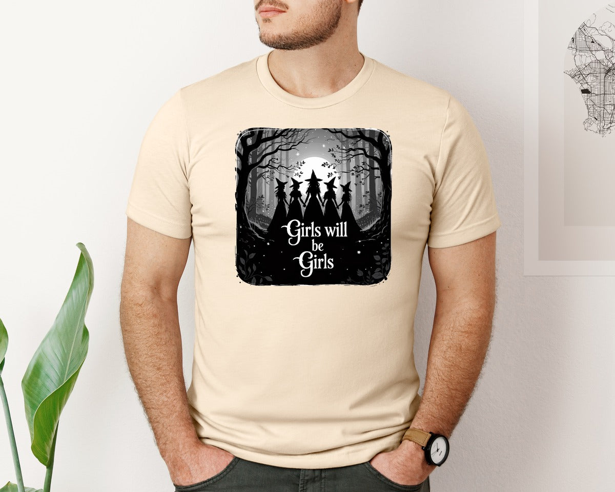 brand:Bella Canvas|color:Soft Cream|Girls Will Be Girls Feminist Witch Graphic T-Shirt