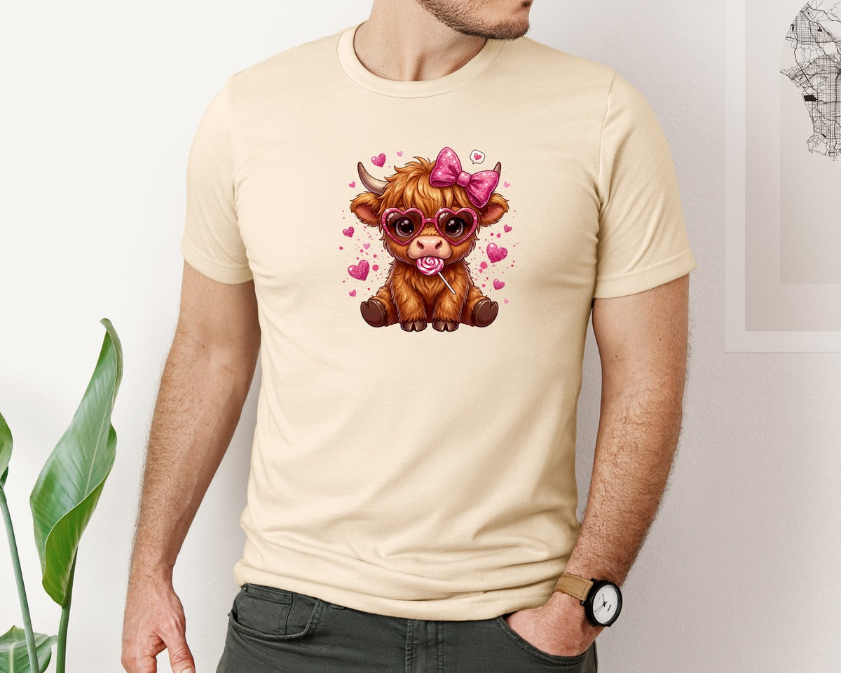 brand:Bella Canvas|color:Soft Cream|Cute Highland Cow Glitter Hearts Graphic T-Shirt