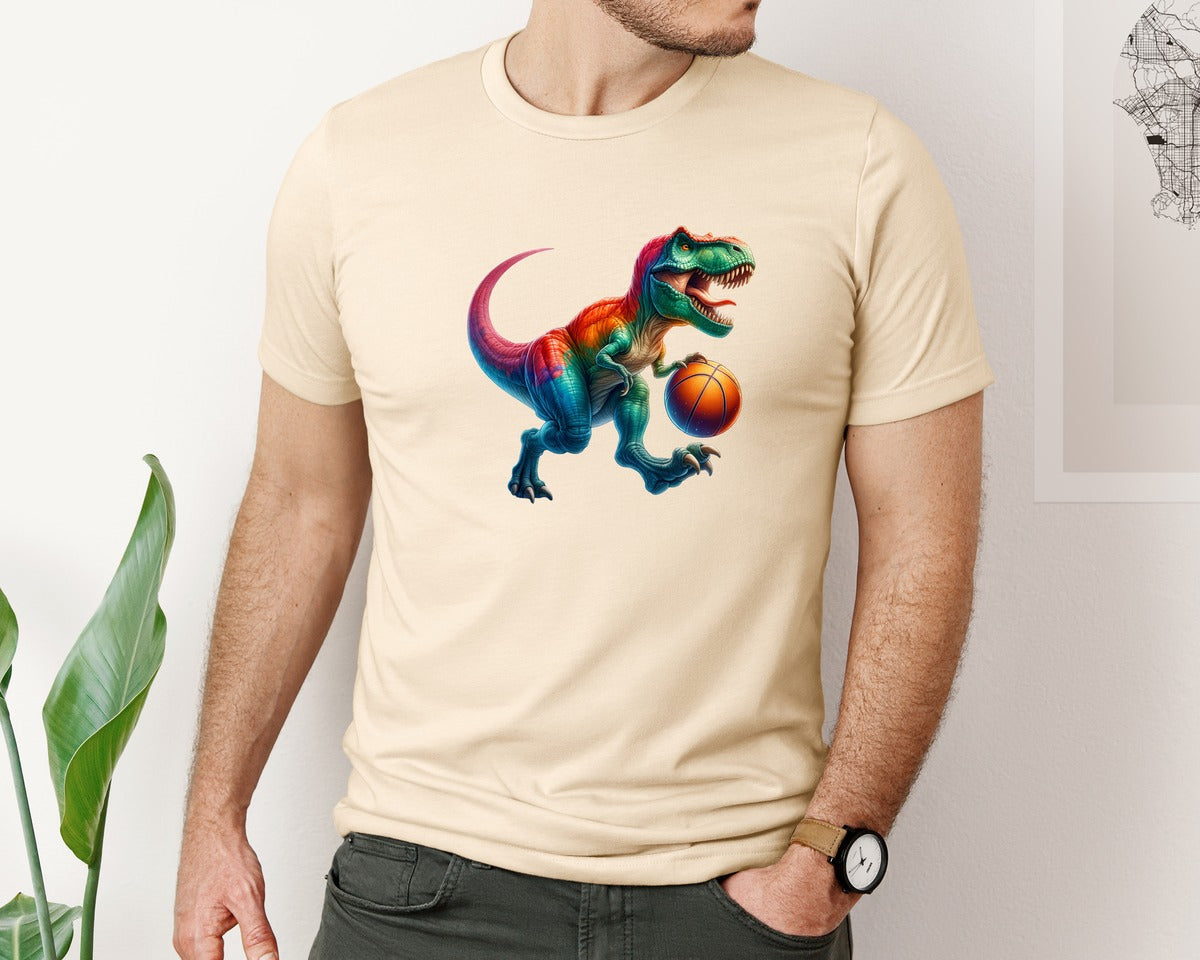 brand:Bella Canvas|color:Soft Cream|Basketball T Rex Dinosaur Kids Graphic T-Shirt
