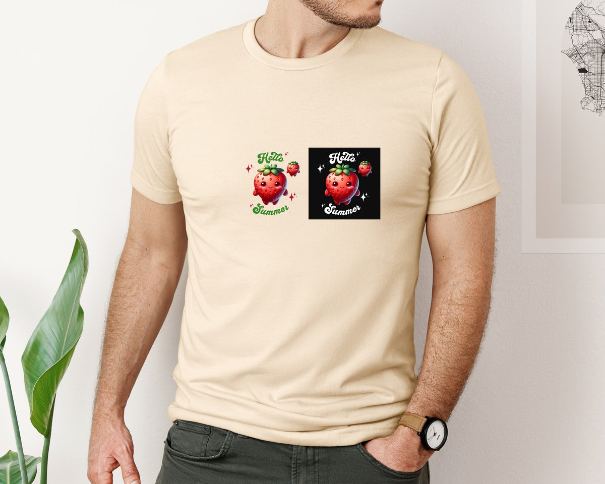 brand:Bella Canvas|color:Soft Cream|Hello Summer Strawberry Graphic T-Shirt