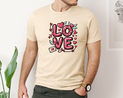 brand:Bella Canvas|color:Soft Cream|Glitter Love Valentine Hearts Graphic T-Shirt