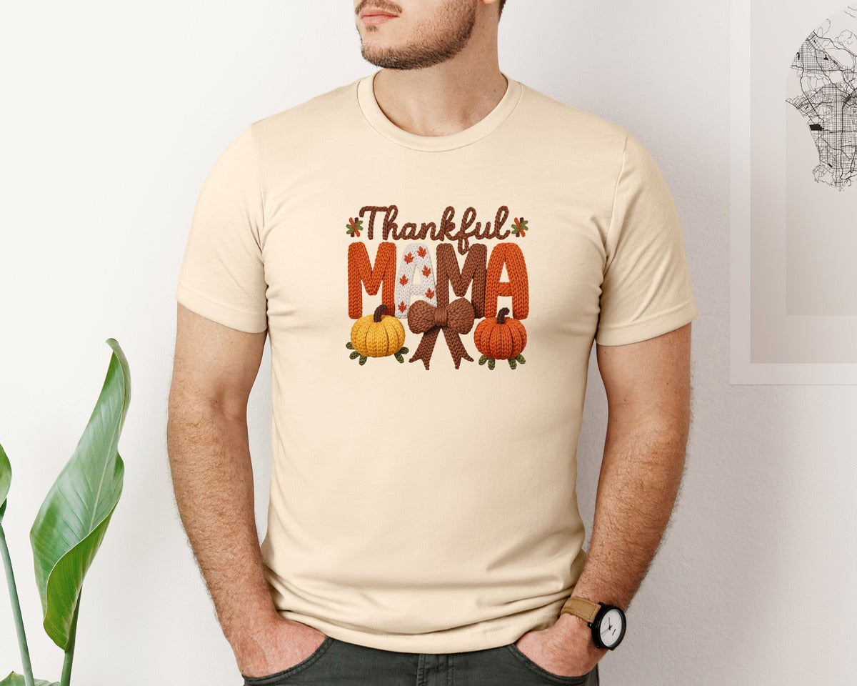 brand:Bella Canvas|color:Soft Cream|Preppy Thankful Mama Faux Yarn Bow Graphic T-Shirt
