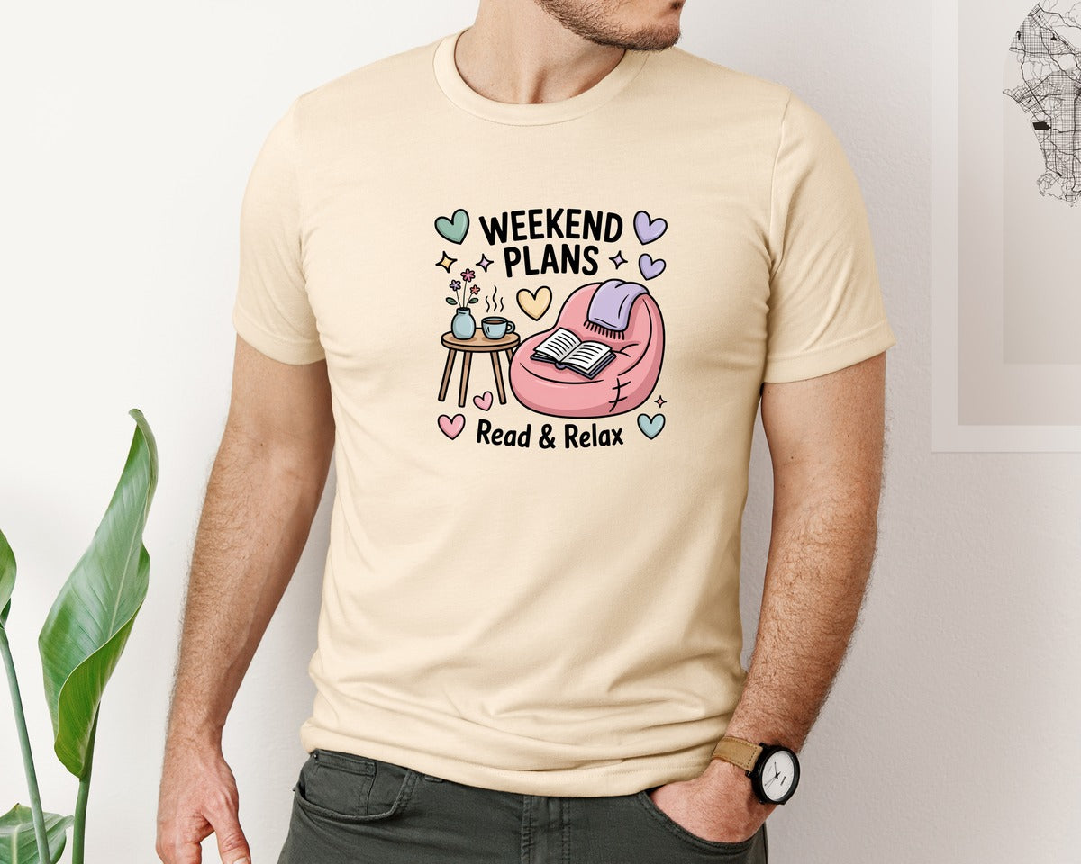 brand:Bella Canvas|color:Soft Cream|Weekend Plans Read And Relax Book Graphic T-Shirt