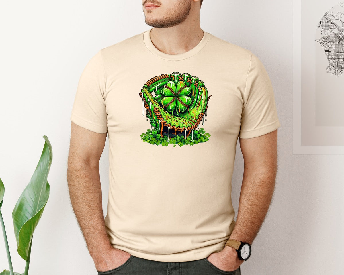 brand:Bella Canvas|color:Soft Cream|St Patricks Day Shamrock Baseball Glove Graphic T-Shirt