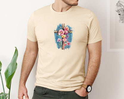brand:Bella Canvas|color:Soft Cream|Floral Christian Cross Graphic T-Shirt
