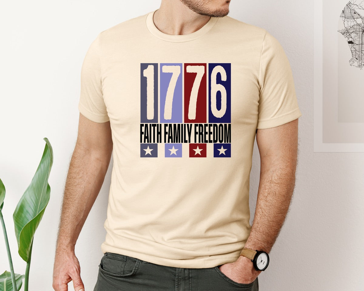 brand:Bella Canvas|color:Soft Cream|Faith Family Freedom 1776 Graphic T-Shirt