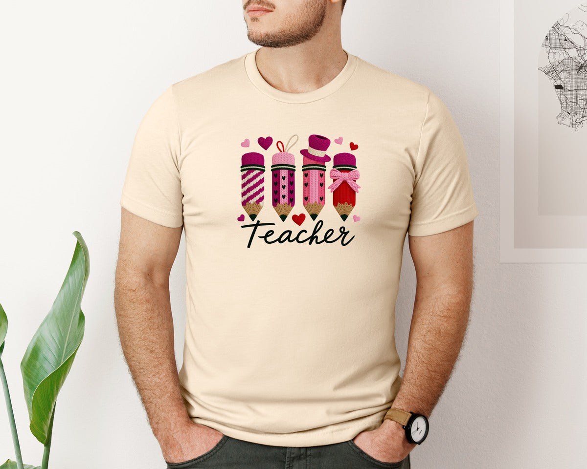 brand:Bella Canvas|color:Soft Cream|Faux Yarn Pencil Teacher Graphic T-Shirt