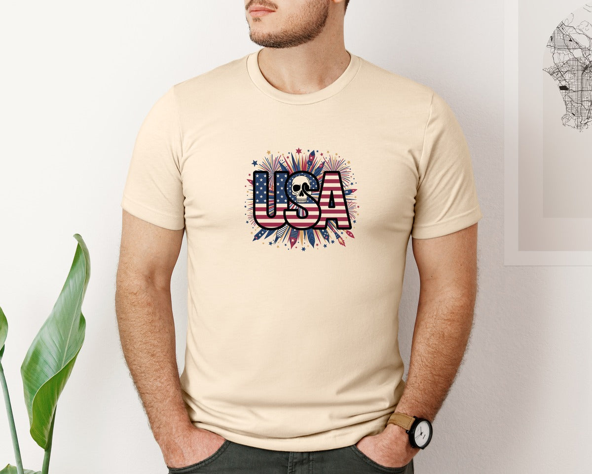 brand:Bella Canvas|color:Soft Cream|Usa Skull Fireworks 4Th Of July T Shirt 2 Graphic T-Shirt
