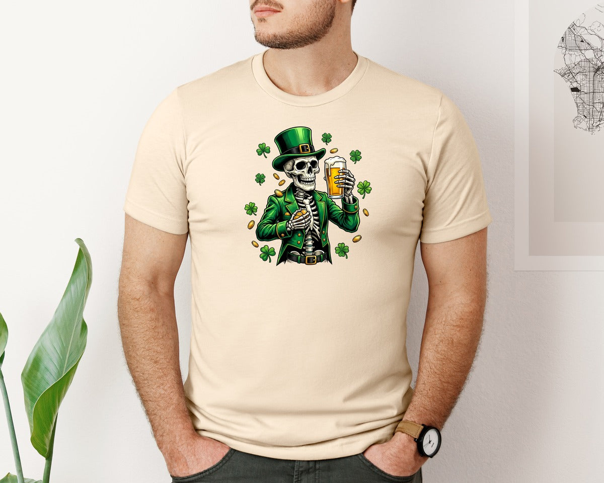 brand:Bella Canvas|color:Soft Cream|Funny Irish Skeleton Drinking Beer Graphic T-Shirt