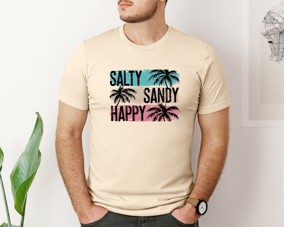 brand:Bella Canvas|color:Soft Cream|Salty Sandy Happy Striped Beach Shirt Graphic T-Shirt