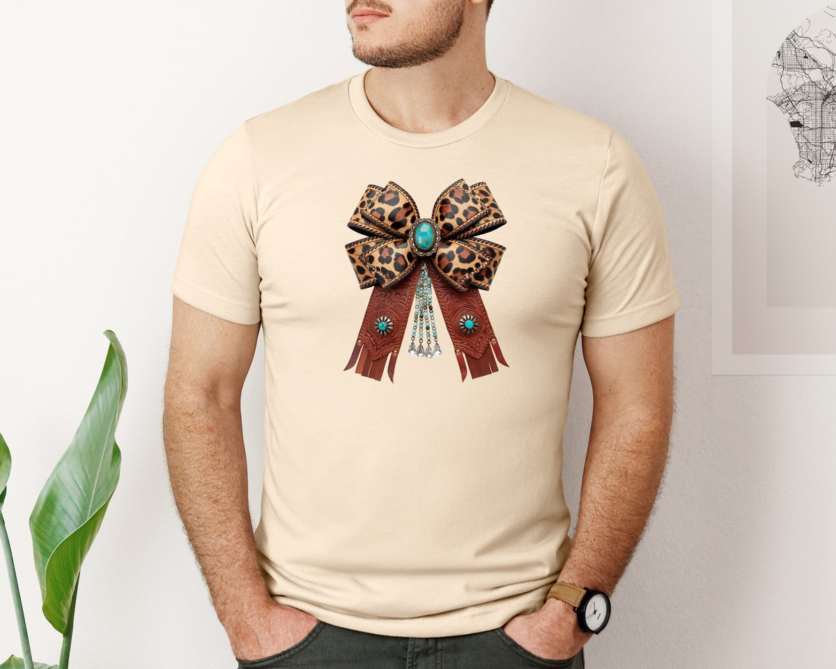 brand:Bella Canvas|color:Soft Cream|Western Leopard Bow Coquette Cowgirl 2 Graphic T-Shirt