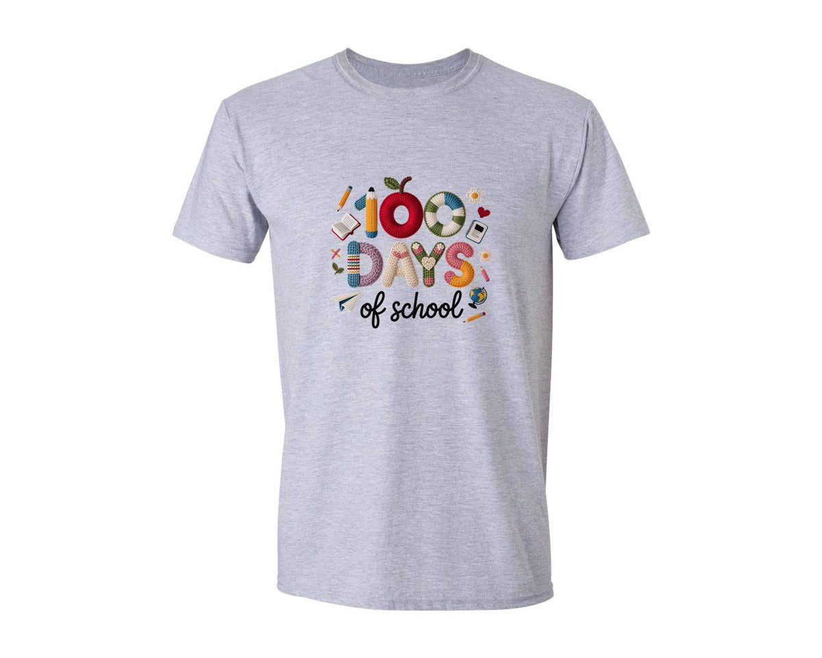 brand:Generic|color:Sports Grey / Athletic Heather|Faux Yarn 100 Days Of School Doodle Graphic T-Shirt