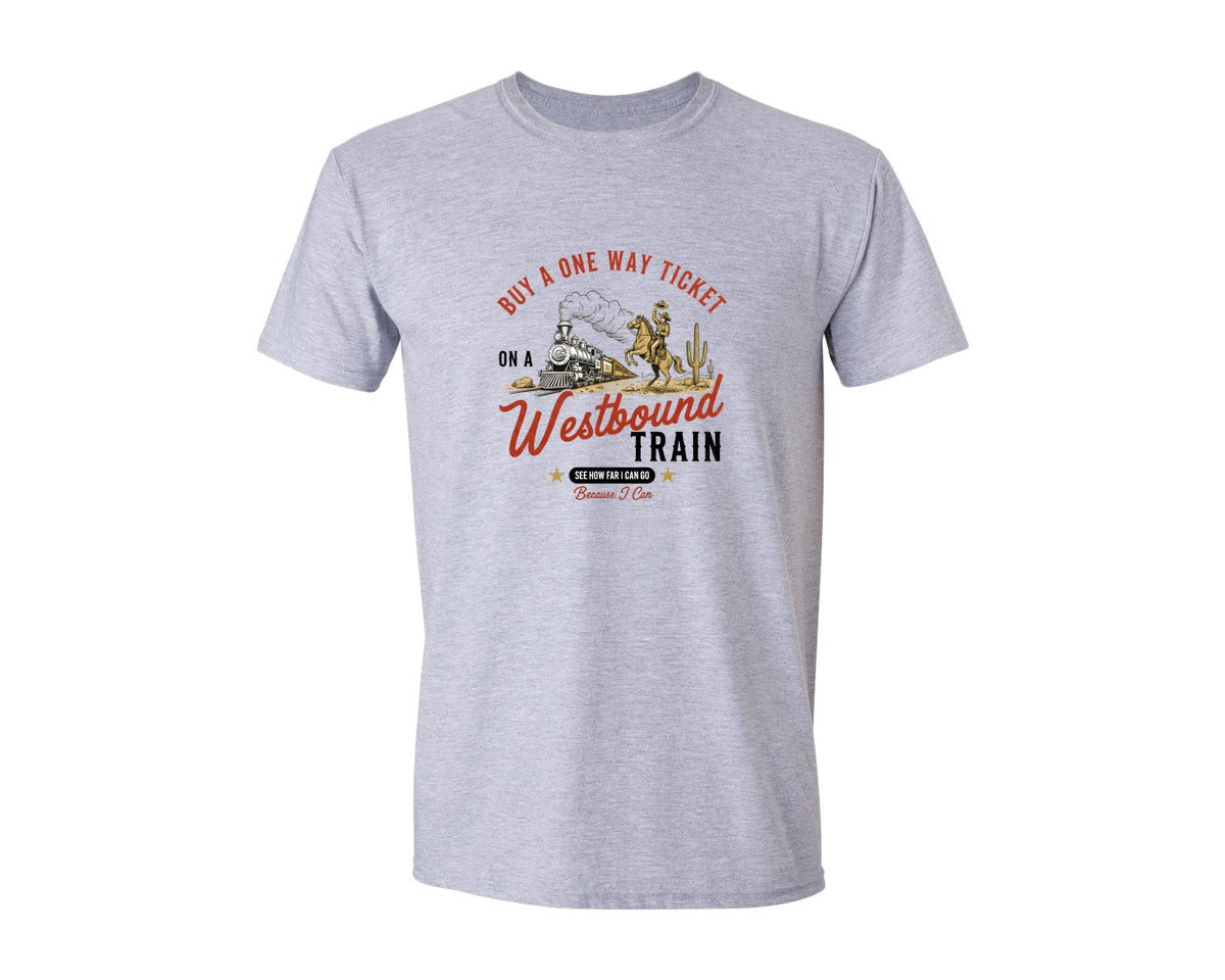 brand:Generic|color:Sports Grey / Athletic Heather|One Way Ticket Westbound Train Graphic T-Shirt
