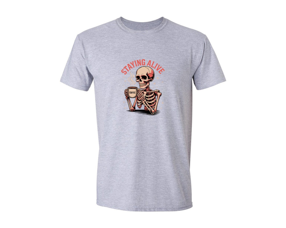 brand:Generic|color:Sports Grey / Athletic Heather|Funny Staying Alive Coffee Lover Shirt Graphic T-Shirt