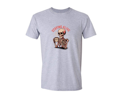 brand:Generic|color:Sports Grey / Athletic Heather|Funny Staying Alive Coffee Lover Shirt Graphic T-Shirt