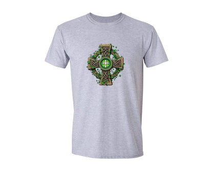 brand:Generic|color:Sports Grey / Athletic Heather|Celtic Cross With Shamrocks Irish Graphic T-Shirt