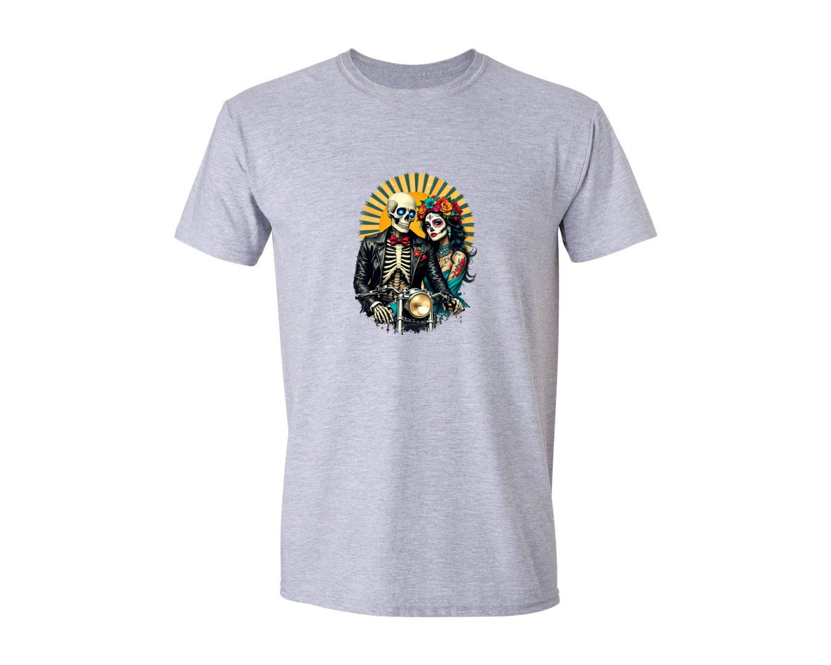 brand:Generic|color:Sports Grey / Athletic Heather|Day Of The Dead Skeleton Couple Bikers Graphic T-Shirt