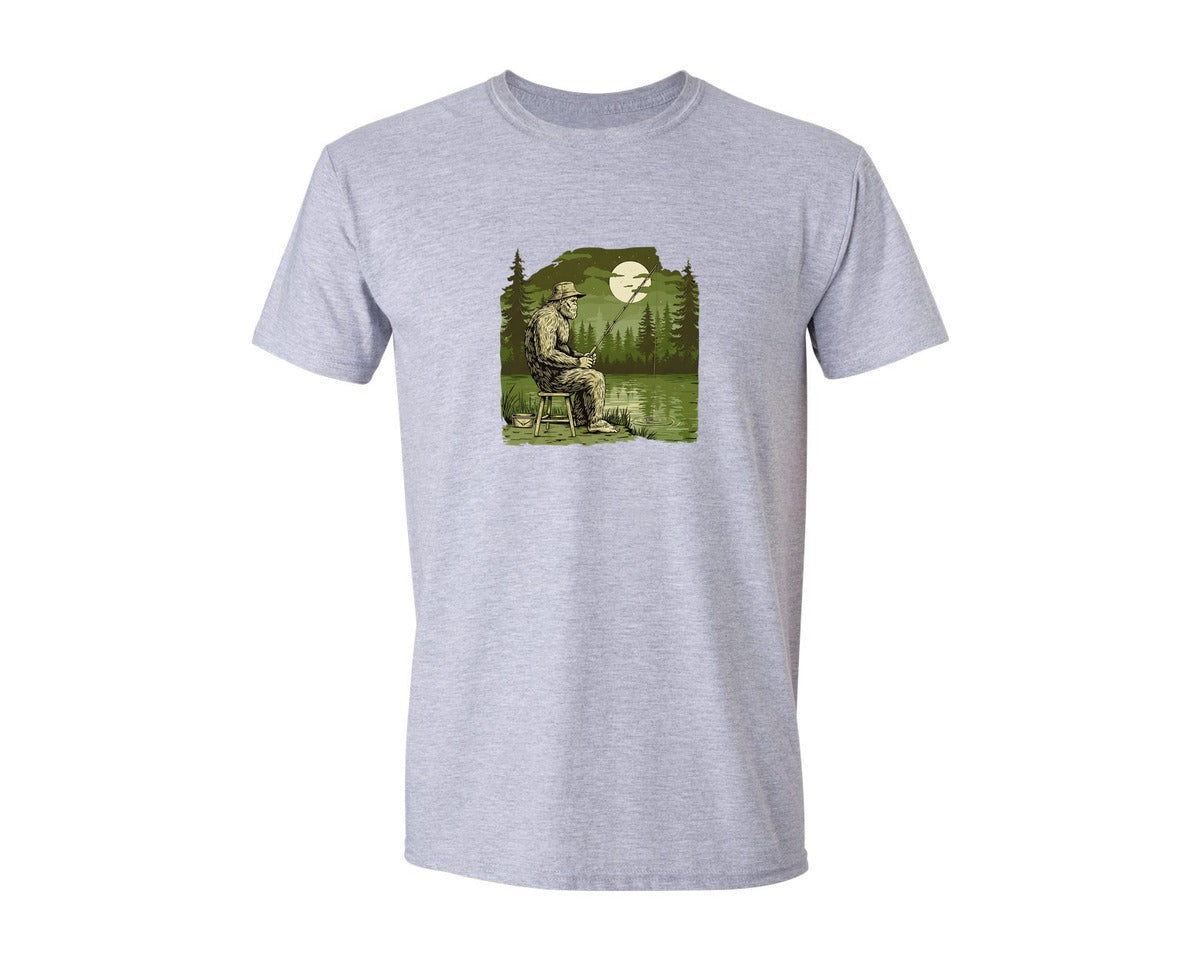 brand:Generic|color:Sports Grey / Athletic Heather|Vintage Outdoor Nature Bigfoot Fishing Graphic T-Shirt
