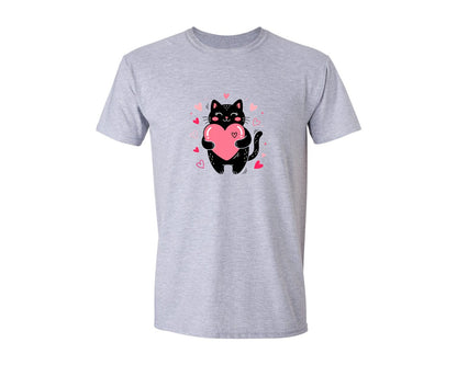 brand:Generic|color:Sports Grey / Athletic Heather|Valentine Black Cat Holding A Pink Graphic T-Shirt