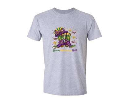brand:Generic|color:Sports Grey / Athletic Heather|Howdy Mardi Gras Yall Cowboy Boots Graphic T-Shirt