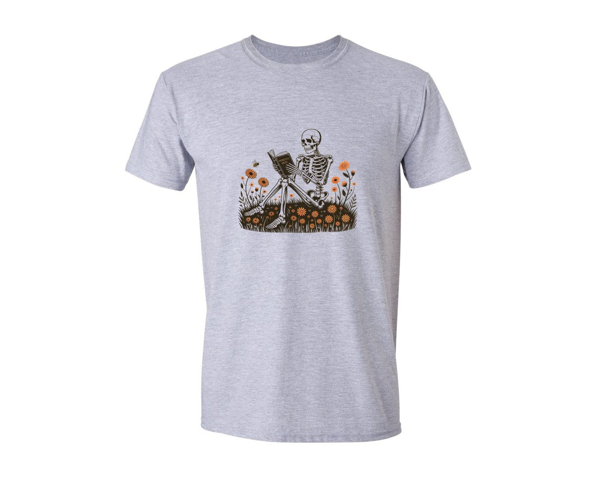 brand:Generic|color:Sports Grey / Athletic Heather|Book Reading Skeleton Gothic Graphic T-Shirt