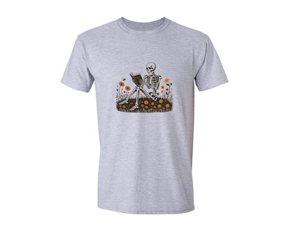 brand:Generic|color:Sports Grey / Athletic Heather|Book Reading Skeleton Gothic Graphic T-Shirt