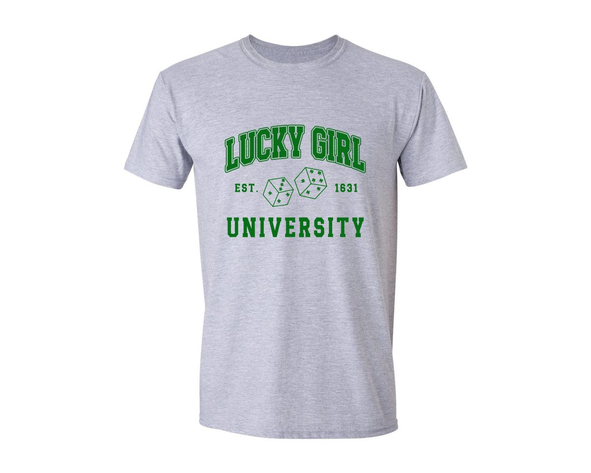brand:Generic|color:Sports Grey / Athletic Heather|St Patricks Day Lucky Girl University Graphic T-Shirt