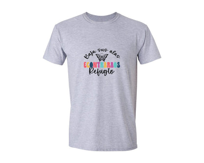 brand:Generic|color:Sports Grey / Athletic Heather|Baja Sus Alas Encontraras Refugio Graphic T-Shirt