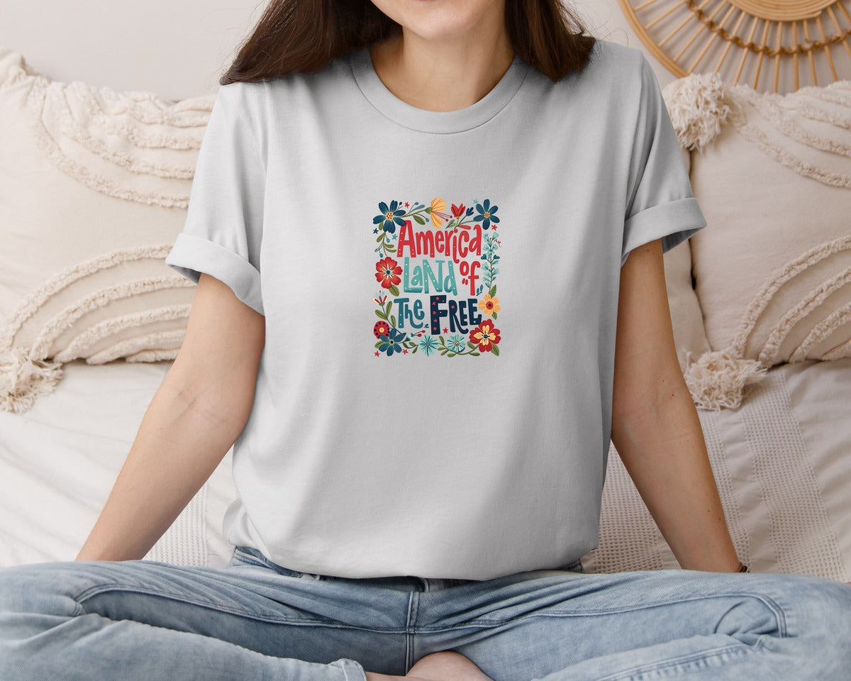 brand:Bella Canvas|color:Sports Grey / Athletic Heather|Floral America Land Of The Free 2 Graphic T-Shirt