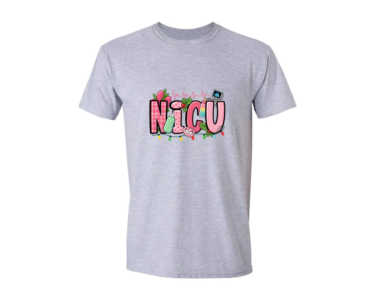 brand:Generic|color:Sports Grey / Athletic Heather|Nicu Pink Christmas Graphic T-Shirt