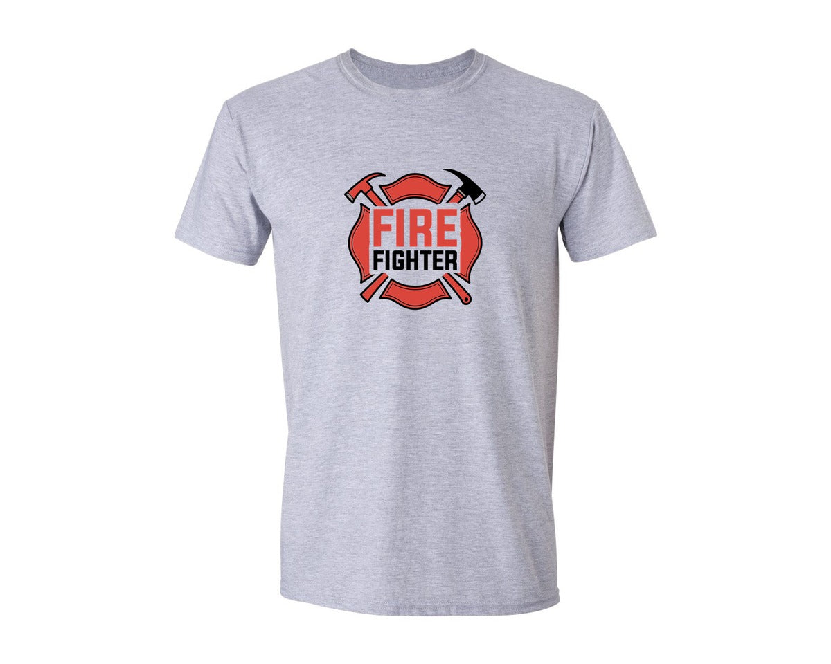brand:Generic|color:Sports Grey / Athletic Heather|Fire Fighter Shield Logo Icon Design Graphic T-Shirt