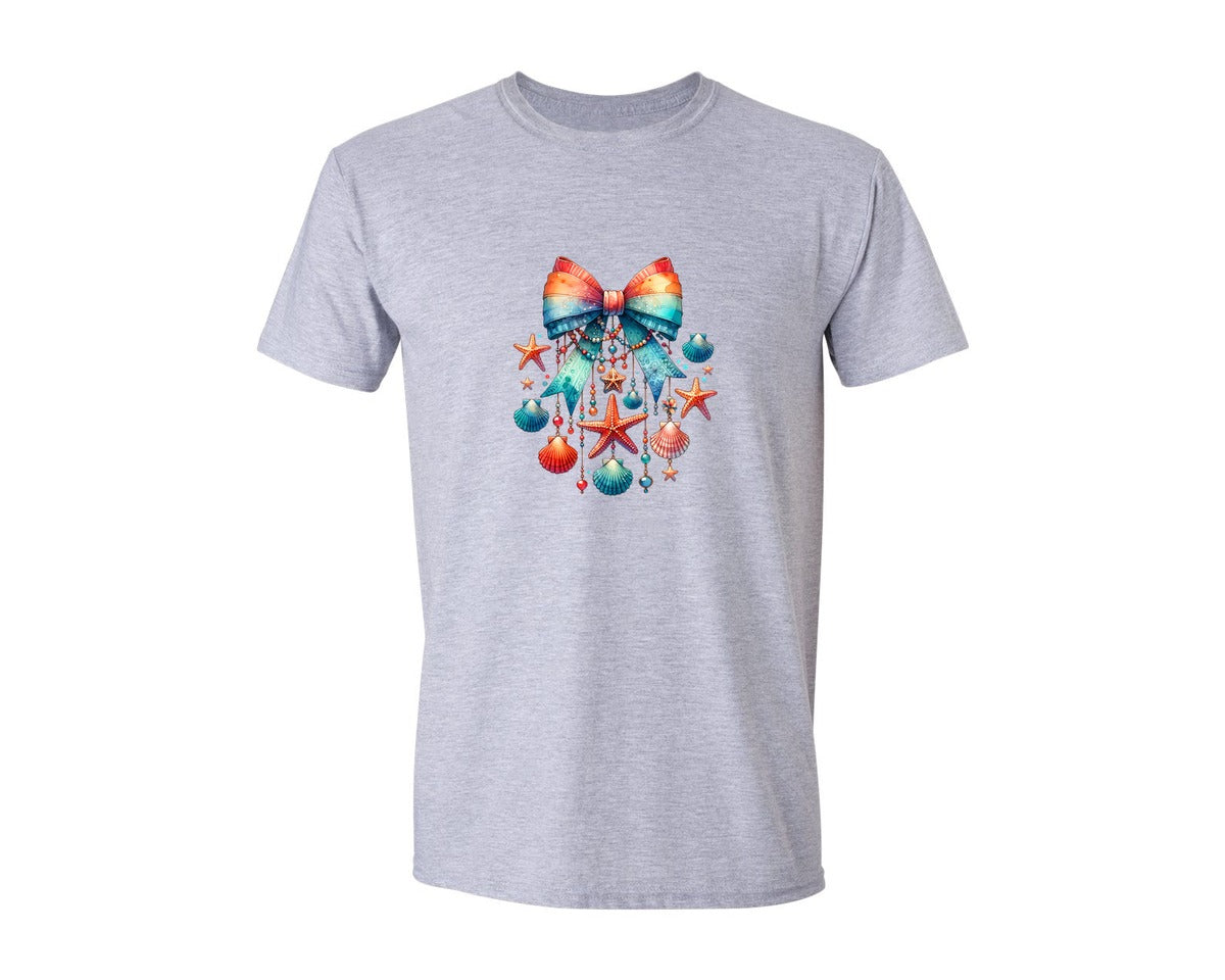 brand:Generic|color:Sports Grey / Athletic Heather|Coquette Ocean Seashell Clam Bow Graphic T-Shirt