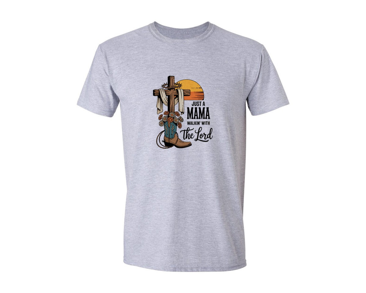 brand:Generic|color:Sports Grey / Athletic Heather|Just A Mama Walkin With The Lord Graphic T-Shirt